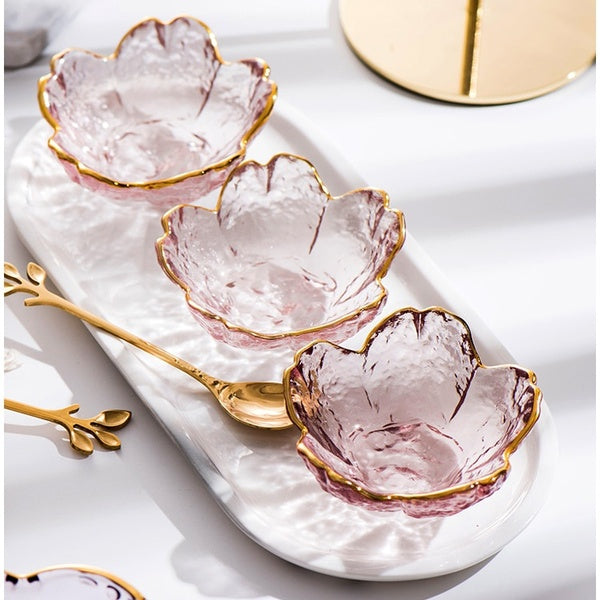 Small Glass Dish Nordic Style Gold Inlay Glass Sauce Bowl Mini Japanese Cherry Blossoms Seasoning Plate For Ice Cream Fruit Sala