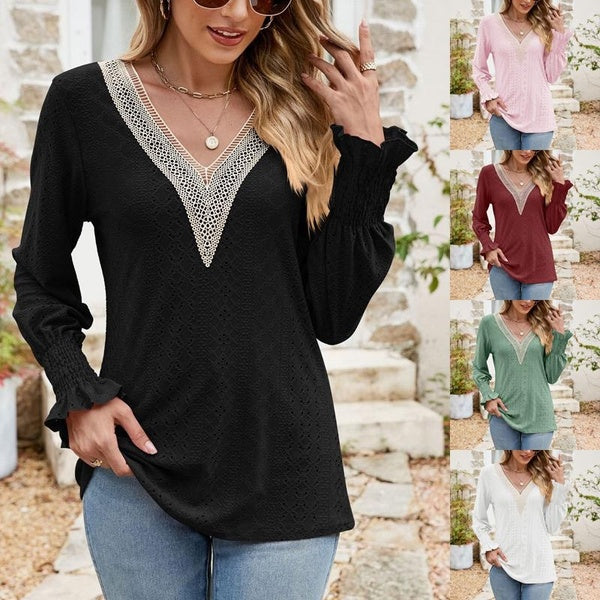 Women's Lace Stitching V Neck Long Sleeve Blouses Fashion Casual Loose T-shirts Comfortable Shirts Solid Color Tops for Ladies