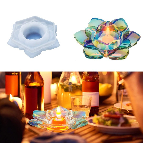 3D DIY Lotus Tealight Candles Holders Resin Mold, Flower Candlestick Epoxy Casting Silicone Molds