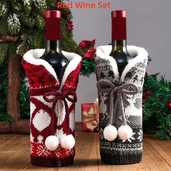 Christmas Exquisite Wool Ball Knitted Red Wine Set Decoration Items and Home decoration and gifts for Christmas