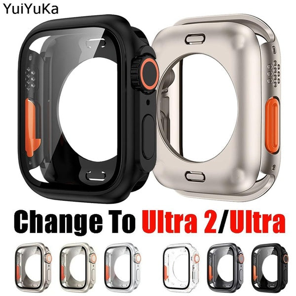 YuiYuKa PC Case + Tempered Glass for Apple Watch 9 8 7 45mm 41mm for Iwatch Series SE 6 5 4 44mm 40mm Screen Protector Hard Front & Rear Bumper Film