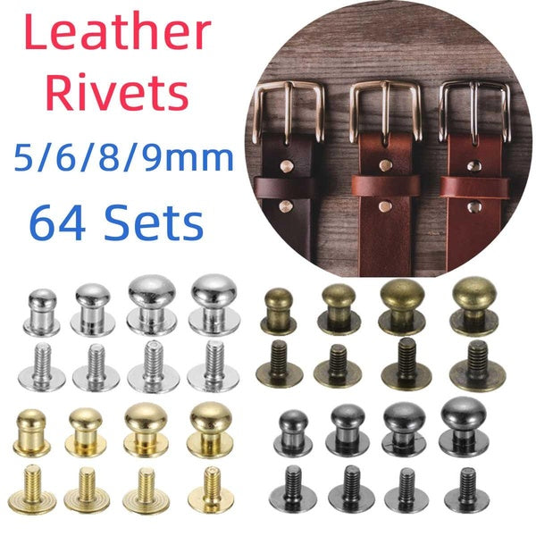 Lot de 64 rivets en cuir 5-6-8-9 mm pour sangles en cuir, clous décoratifs pour cuir, sacs, sangles et ceintures, fournitures d'artisanat