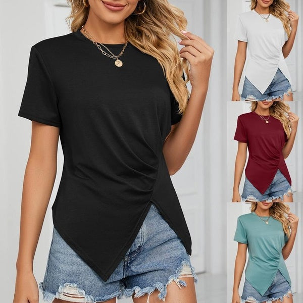 Women‘s Summer Round Neck Loose T-shirts Ladies Fashion Casual Pleated Blouses Irregular Tops Personalized Shirts Plus Size