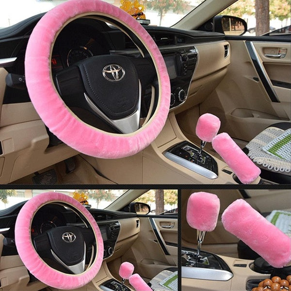 3 Pcs-Set Wool Plush Car Steering Wheel Cover Sets Soft Winter Warm Supplies Car Steering Wheel Cover