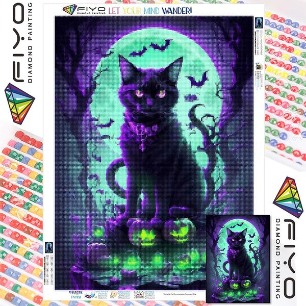 FIYO DIY 5D Halloween and Cat Diamond Painting Full Drill with Number Kits Home and Kitchen Fashion Mosaic Diamond Painting Canvas Wall Decoration Gi