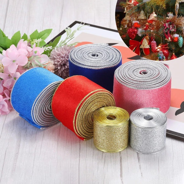 9.1m*5cm Iron Wired Edge Polyester Glitter Christmas Ribbon Gift Wrapping Ribbon Christmas Decoration Christmas Tree Wreaths Decor