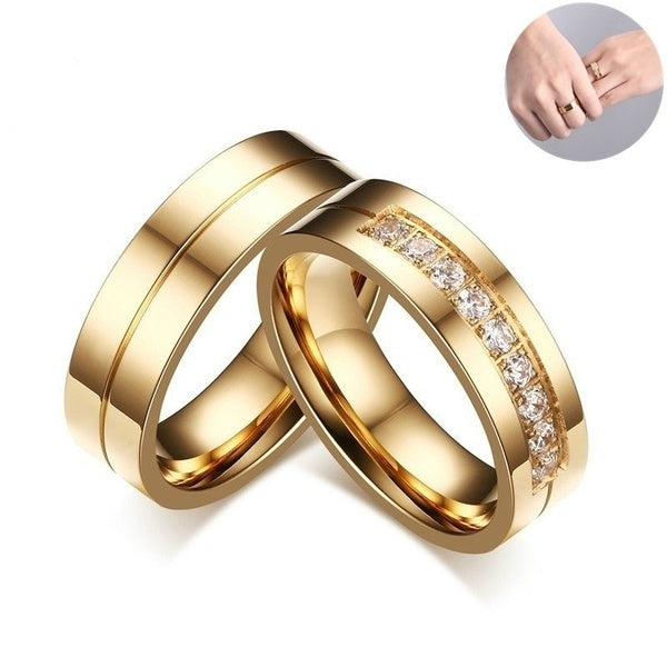 Simple Titanium Steel Couple Rings 18K Gold plated CZ Ring Charming Men Women Wedding Bands
