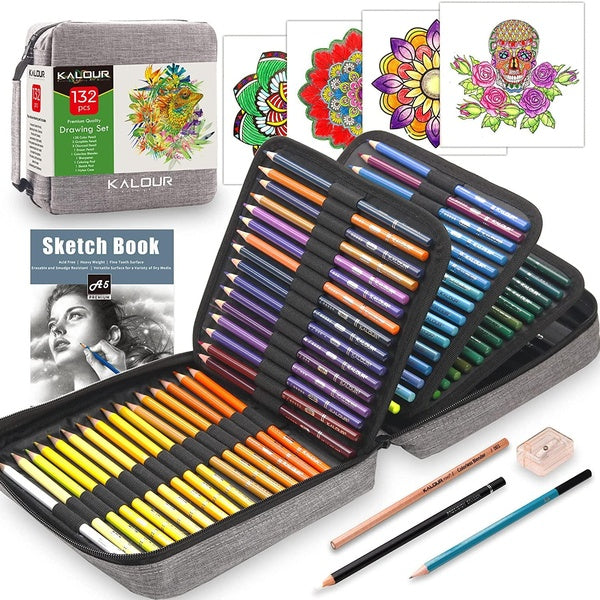 132 Colored Pencils Set,with Adult Coloring Book and Sketch Book,Artists Colorless Blender,Zipper Travel Case,Soft Core,Ideal for Drawing Sketching S