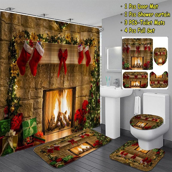 3D Bathroom Decor Christmas Shower Curtains Set Mas Eve Fireplace Gifts Red Socks Pattern Waterproof Shower Curtain Non-slip Carpet Pedestal Rug Toil