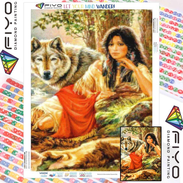 FIYO Beauty and Wolf Diamond Painting Kits For Adults DIY 5D Diamond Mosaic Diamond Painting Home and Kitchen Fashion Canvas Pictures Wall Decoration