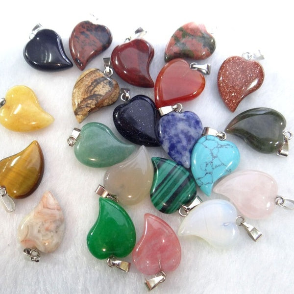 Wholesale 20Pcs Natural Stone Opal Agates Quartz Crystal Tiger Eye Charms Heart Pendants Beads for Diy Jewelry Making Necklace