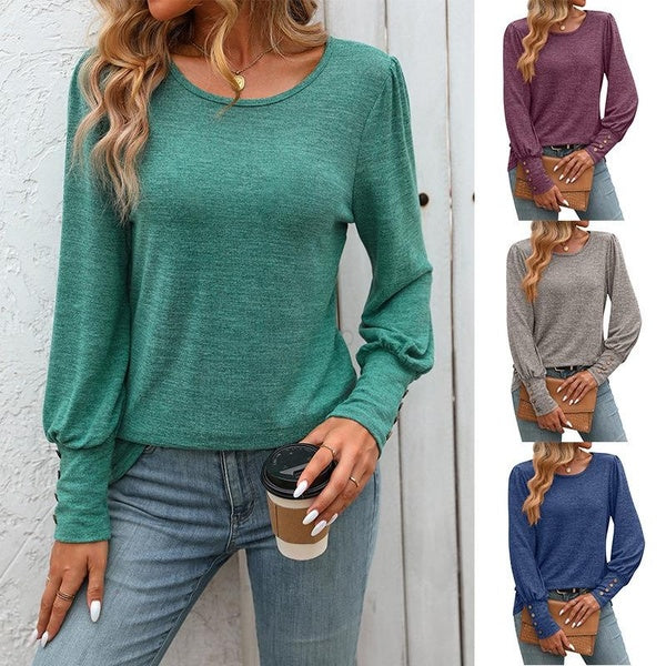 Women's Casual Bubble Sleeves with Buttons Tops Shirred Shoulders Solid Color Knit Ribbed T Shirts Blouses