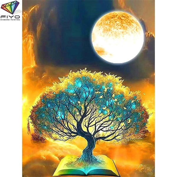 FIYO Moon and Tree DIY 5D Diamond Painting Full Drill with Number Kits Home and Kitchen Fashion Mosaic Diamond Painting Canvas Wall Decoration Gift C