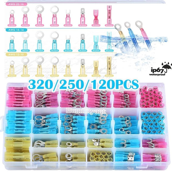 Heat Shrink Wire Connectors Insulated Electrical Waterproof Connector Assortment Terminals - Ring Fork Hook Spade Butt Splices