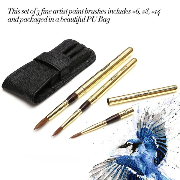 Dainayw Artist Travel Brushes Set Kolinsky Sable Hair Art Paintbrush 3 Pcs with Watercolor Book PU Bag for Watercolor Gouache Painting