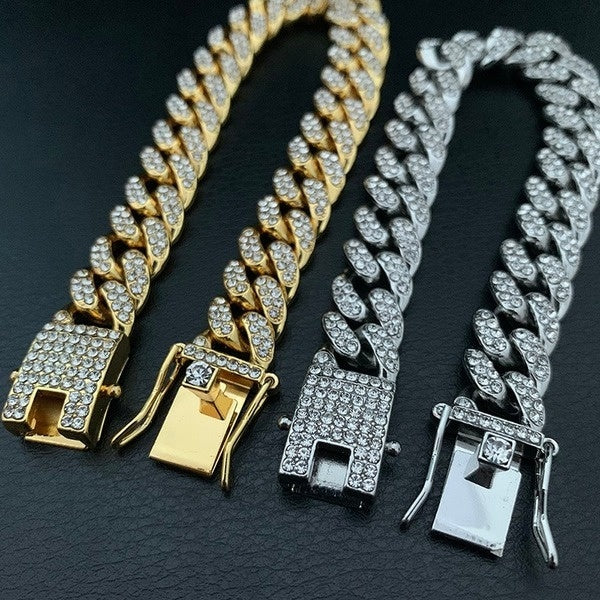 13MM Gold-Silver Iced Out BlingBling Diamond Cuban Link Chain Miami Choker Bracelet for Fashion Men and Women Hip Hop Jewelry