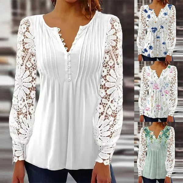 Women's Lace V-neck Long Sleeve Fashion Floral Printed Shirts Loose White Blouses Casual Tops Plus Size S-5XL