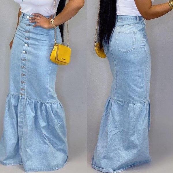 Womens Ladies High Waist Button Down Ruffle Patchwork Pleated Bodycon Long Mermaid Fishtail Skirt Jeans Denim Skirts