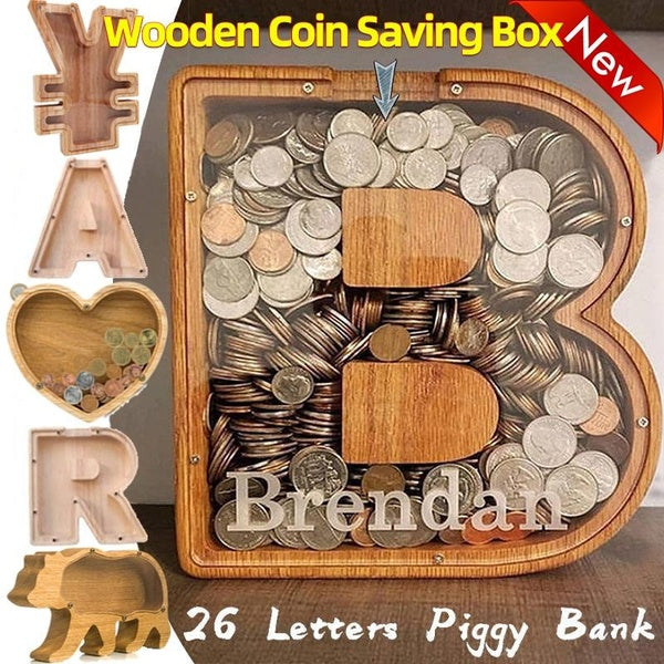 26 lettres en bois tirelire animaux forme pièce de monnaie boîte d'économie d'argent avec nom autocollant personnalisé pot pièces de monnaie boîte de