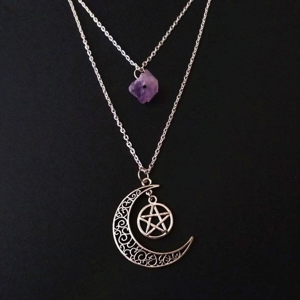 New Layered Violet Crystal And Moon Necklace Pentagram Raw Crystal Necklace Charm Gothic Jewellery Creative Fashion Women Witch Necklace Gift 2021