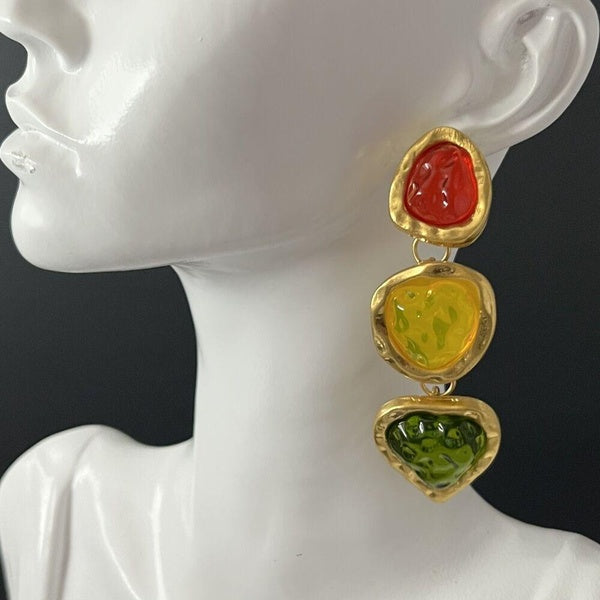 Boucles d'oreilles pendantes en résine coulée multicolore or vert rouge