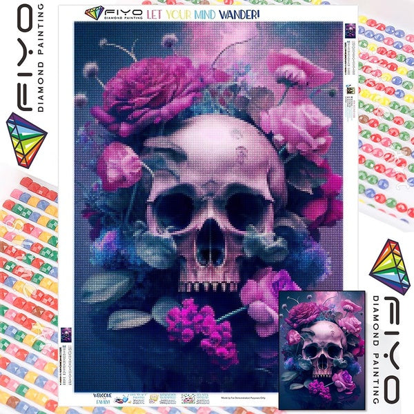 FIYO DIY 5D Skull and Flowers Diamond Painting Full Drill with Number Kits Home and Kitchen Fashion Mosaic Diamond Painting Canvas Wall Decoration Gi
