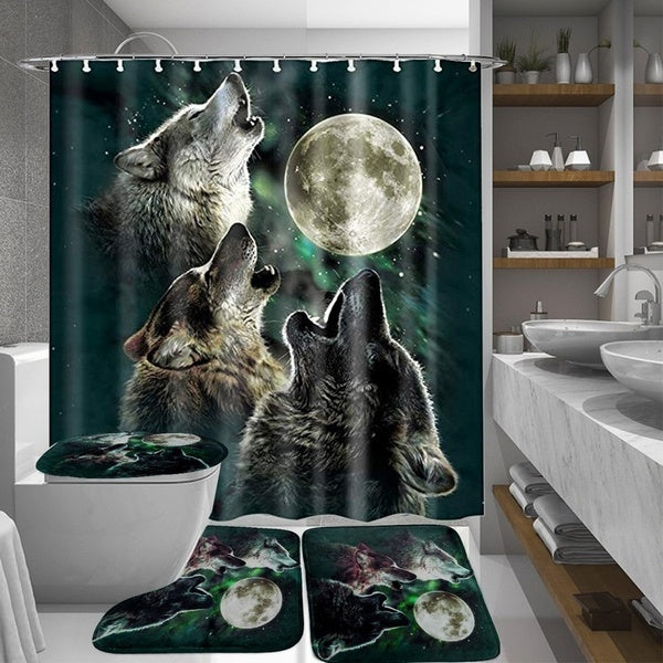 1-3-4 Pcs Bathroom Decor Full Moon Night of Wolf Cool Bathroom Set Waterproof Shower Curtain Non-Slip Toilet Mat Rugs Set