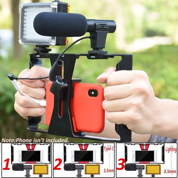 Smartphone Video Rig Camera Cage Mount Holder Stabilizer Handle Grip with Microphone Mic and LED Light Kit for iPhone Samsung Huawei Gopro Filmmaking