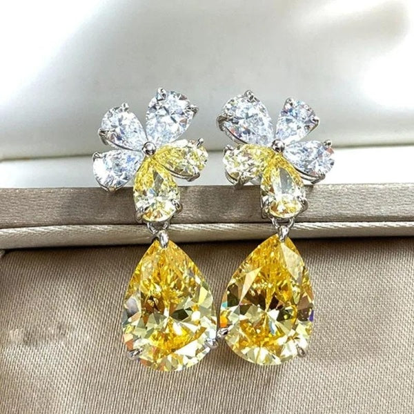 Boucles d'oreilles pendantes en forme de larme de fleur de cristal exquise en citrine pour femmes boucles d'oreilles de mariage de mariée bijoux plaq