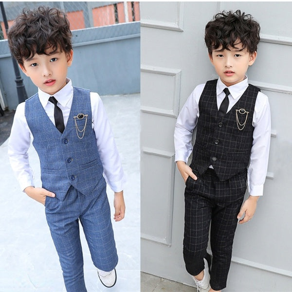 Boys Plaid Waistcoat Blazer 2 Pcs Wedding Clothes Sets Kids Suit Vest Trousers Formal Dress Child School Uniform Baby Toddler Wedding Outfits 2-12Yea