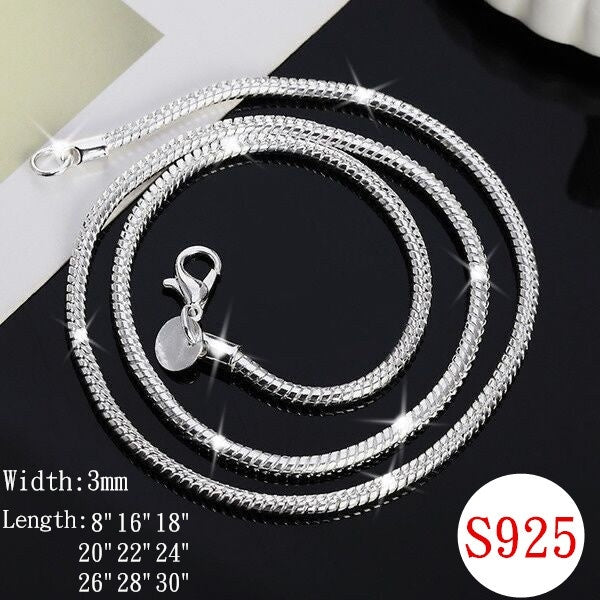 Men Women Solid 1MM-2MM-3MM Snake Smooth 925 Sterling Silver Italy Chain Necklace with Lobster Clasps Link for DIY Charms Pendant Wedding Party Fine