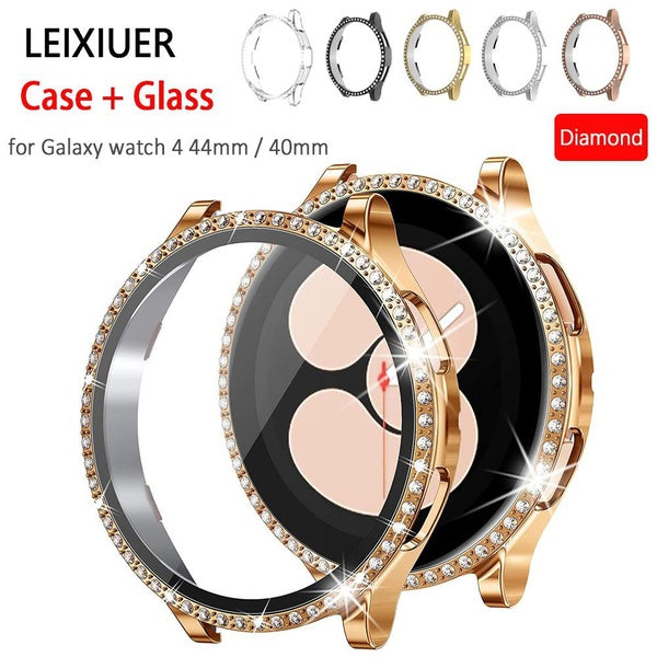 LEIXIUER Diamond case for samsung Galaxy watch 4 44mm - 40mm Bling PC bumper cover with Tempered glass screen protector for Girls Women