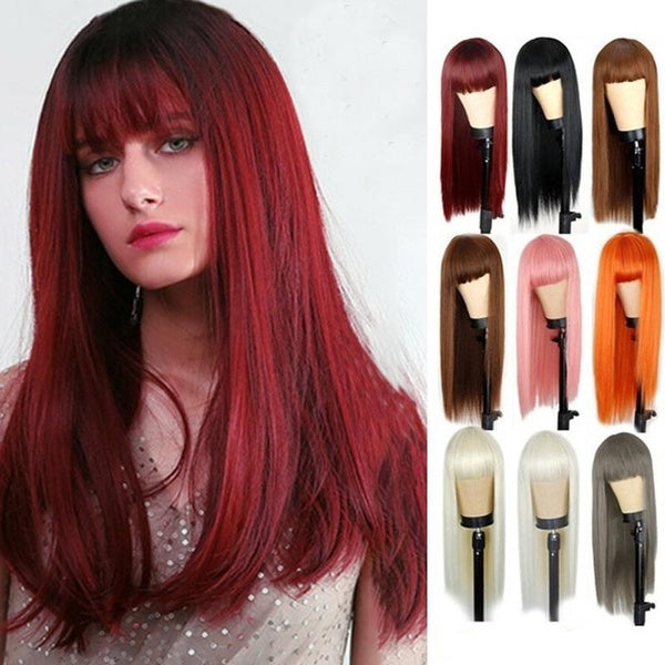 Women Heat Resistant Hair Long Wine Red Straight with Bangs Synthetic Hair Wigs Bang with Wig Fashion Cosplay Full Wig Wigs