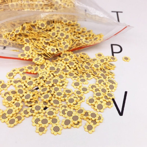 50g-lot Sunflower Polyester Clay Slices Yellow Flower Clay Sprinkles DIY Slime Filling Material Nail Decoration 5MM