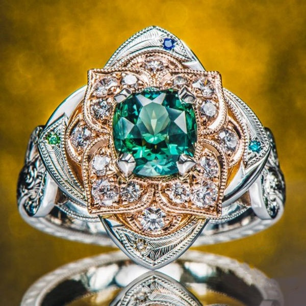 Elegant and Beautiful Women's Fashion Jewelry Accessories Exquisite Two Tone Ring Natural Emerald Gemstone and Blue Sapphire Charming Romantic Prince