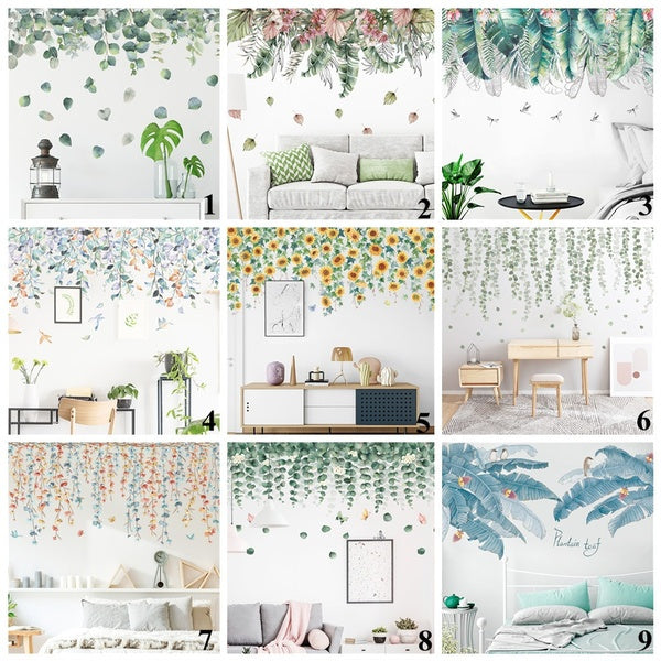 15 Style Sunflower Top Line Wall Stickers for Bedroom Sofa Background Wallpaper Corridor Decoration Green Plant Stickers Mural Wall Decor