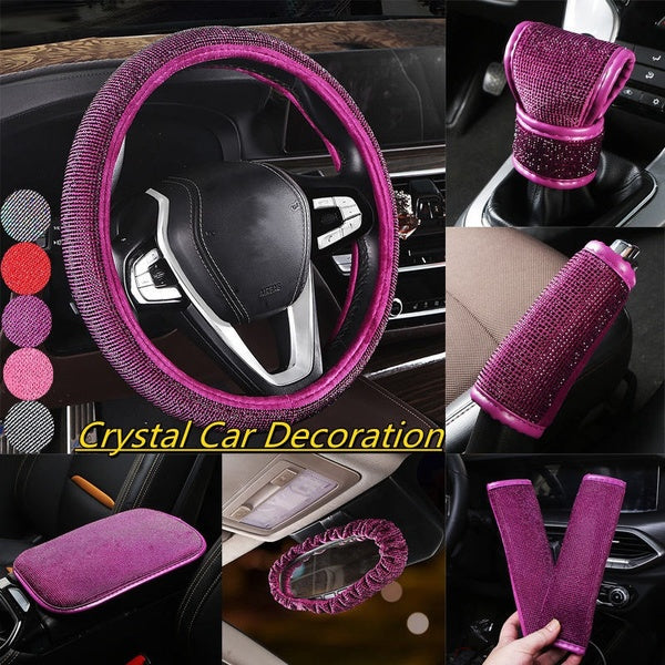 5 Colors Bling Car Bling Car Accessories for Women,bling Steering Wheel Covers for Women Universal Fit 15 Inch, Rhinestone Center Console Cover, Blin