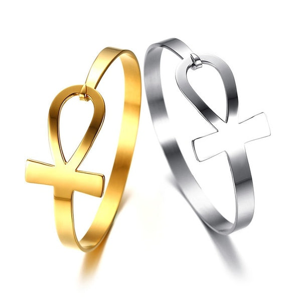 Ancient Egypt Egyptian Ankh Cross Titanium Steel Personalized Simple Style Cuff Bangle For Women Lady Jewelry Creative Girls Fashion Bracelet