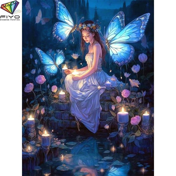 FIYO The Girl and The Butterfly DIY 5D Diamond Painting Full Drill with Number Kits Home and Kitchen Fashion Mosaic Diamond Painting Canvas Wall Deco