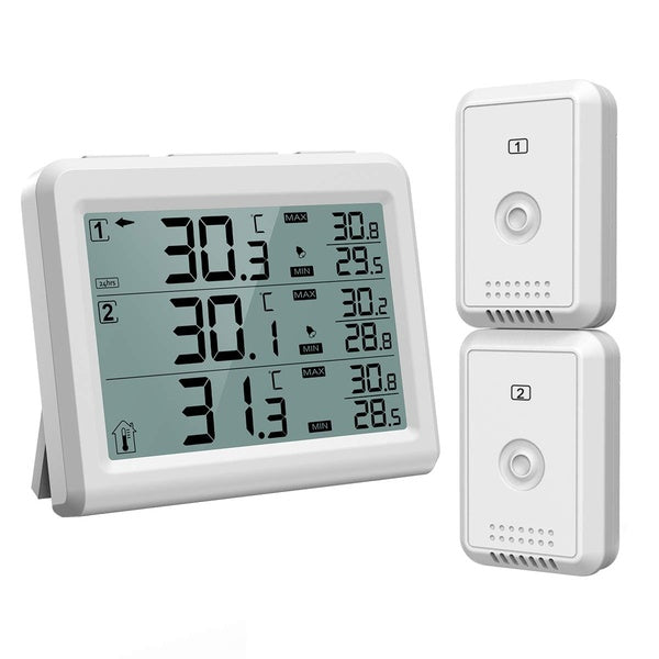 Refrigerator Thermometer, Wireless Digital Freezer Thermometer with 2 Wireless Sensors, Audible Alarm Indoor Outdoor Temperature, Min and Max Record,
