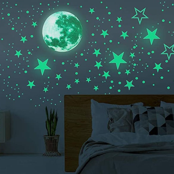 Glow in The Dark Moon and Stars Wall Stickers, 435PCS Adhesive Room Decor, Ceiling Art Stickers for Starry Sky at Night, Removable Wall Decal, Perfec