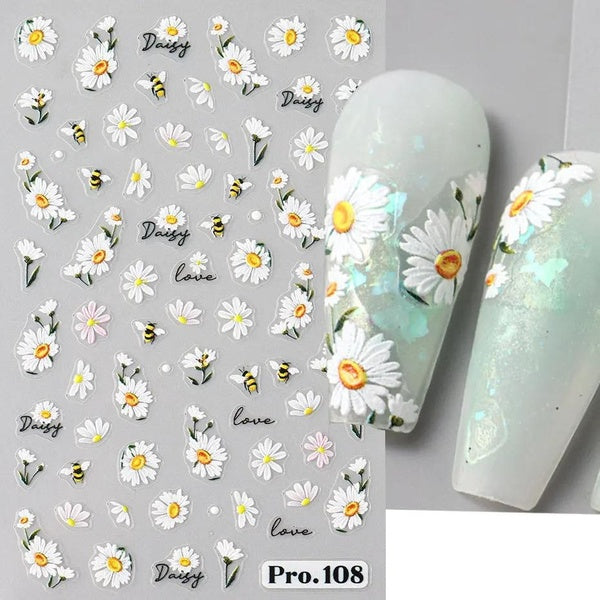 1pcs 5D Nail Art Stickers Summer White Daisy Florals Petals Flowers Adhesive Sliders Nail Decals Decoration Spring Accessories