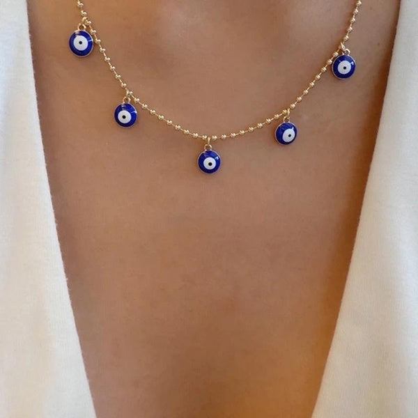 Simple Gold Round Bead Chain Necklace Turkish Blue Evil Eye Charm Choker Women Clavicle Chain Friends Classic Gifts