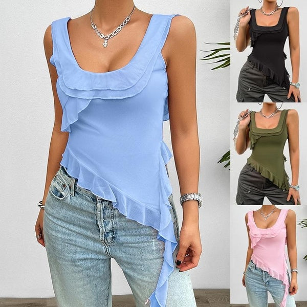 Women's Cute Square Neck Sleeveless Tank Tops Personalized Design Ruffled Tank Tops Ladies Casual Backless Tank Tops