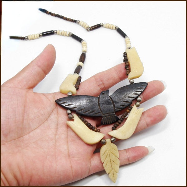 Wholesale Tibetan Silver Women's Tribal Jewelry Natural Handmade Tibetan Yak Bone Carving Eagle Pendant Long Necklace Jewellery
