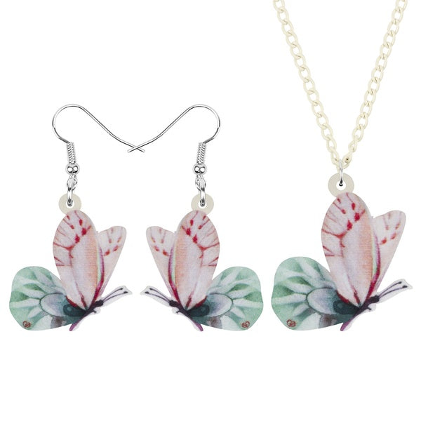 Acrylic Sweet Flying Pink-green Butterfly Jewelry Sets Animal Insect EarringsNecklace for Women Teens Birthday Gift Charms Accessory