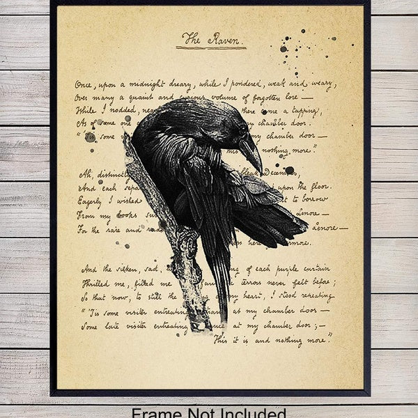 The Raven - Edgar Allan Poe Vintage Wall Art Decor Set - Rustic Retro Home, Apartment or Office Decoration Picture for Living Room, Bedroom - Gift fo
