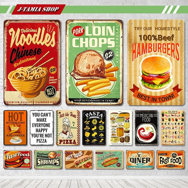 Burger Loin Chops Noodles Hot Dogs Vintage Tin Sign Bar Cafe Shop Home House Restaurant Store Fastfood Wall Decor Retro Metal Art Poster