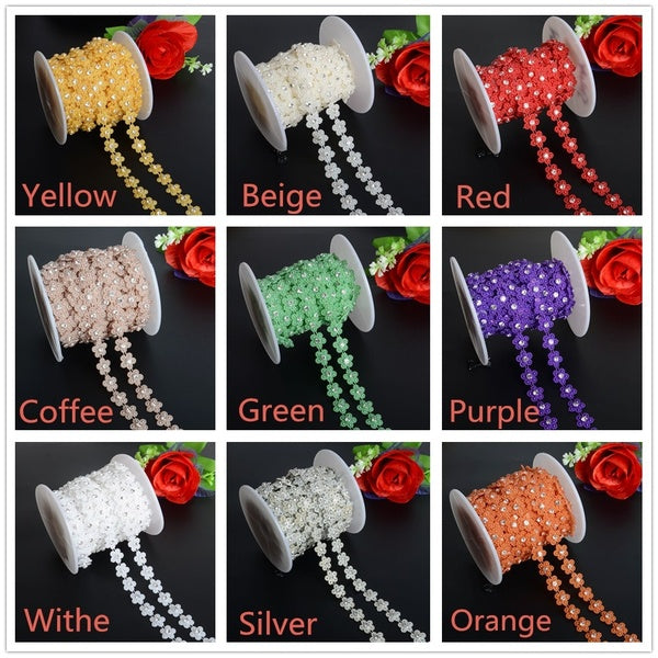 1 Yard-Pack 14mm（9-16"）Width Flower Flatback Plastic Pear Rhinestone Chain Trims Wedding Dress-Home Decor Craft DIY