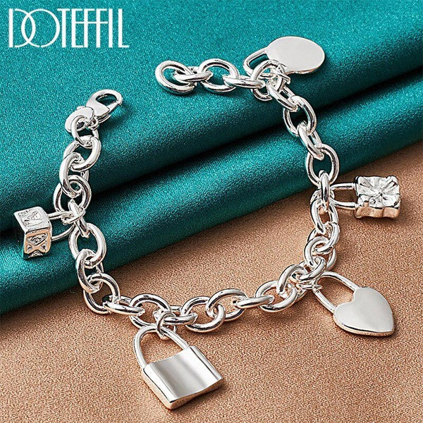 925 Sterling Silver Bracelet Heart - Circle - Square Lock Bracelets Bangles For Woman Man Fashion Charm Wedding Jewelry